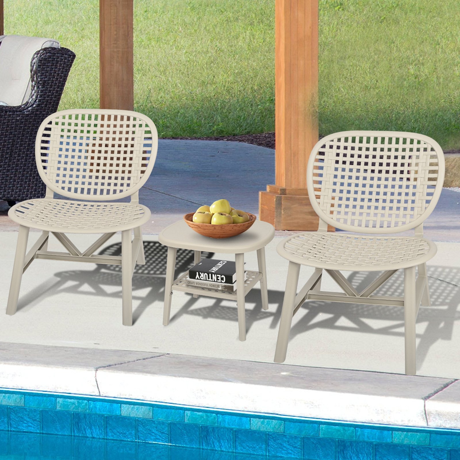 3 Pieces Hollow Design Retro Patio Table Chair Set All Weather Conversation Bistro Set Outdoor Table with Open Shelf and Lounge Chairs with Widened Se 3 Pieces Hollow Design Retro Patio Table Chair Set All Weather Conversation Bistro Set Outdoor Table with Open Shelf and Lounge Chairs with Widened Se