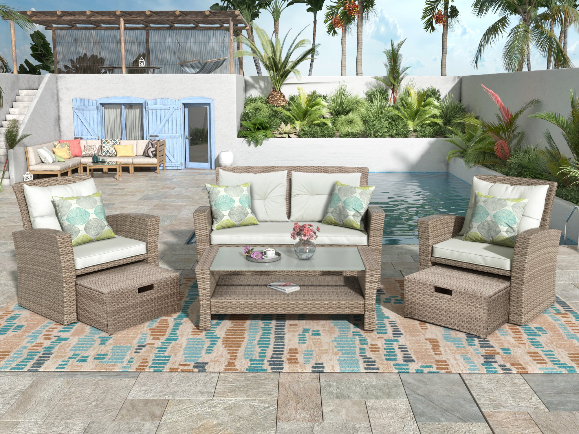 Patio Furniture Set, 4 Piece Outdoor Conversation Set All Weather Wicker Sectional Sofa with Ottoman and Cushions Patio Furniture Set, 4 Piece Outdoor Conversation Set All Weather Wicker Sectional Sofa with Ottoman and Cushions
